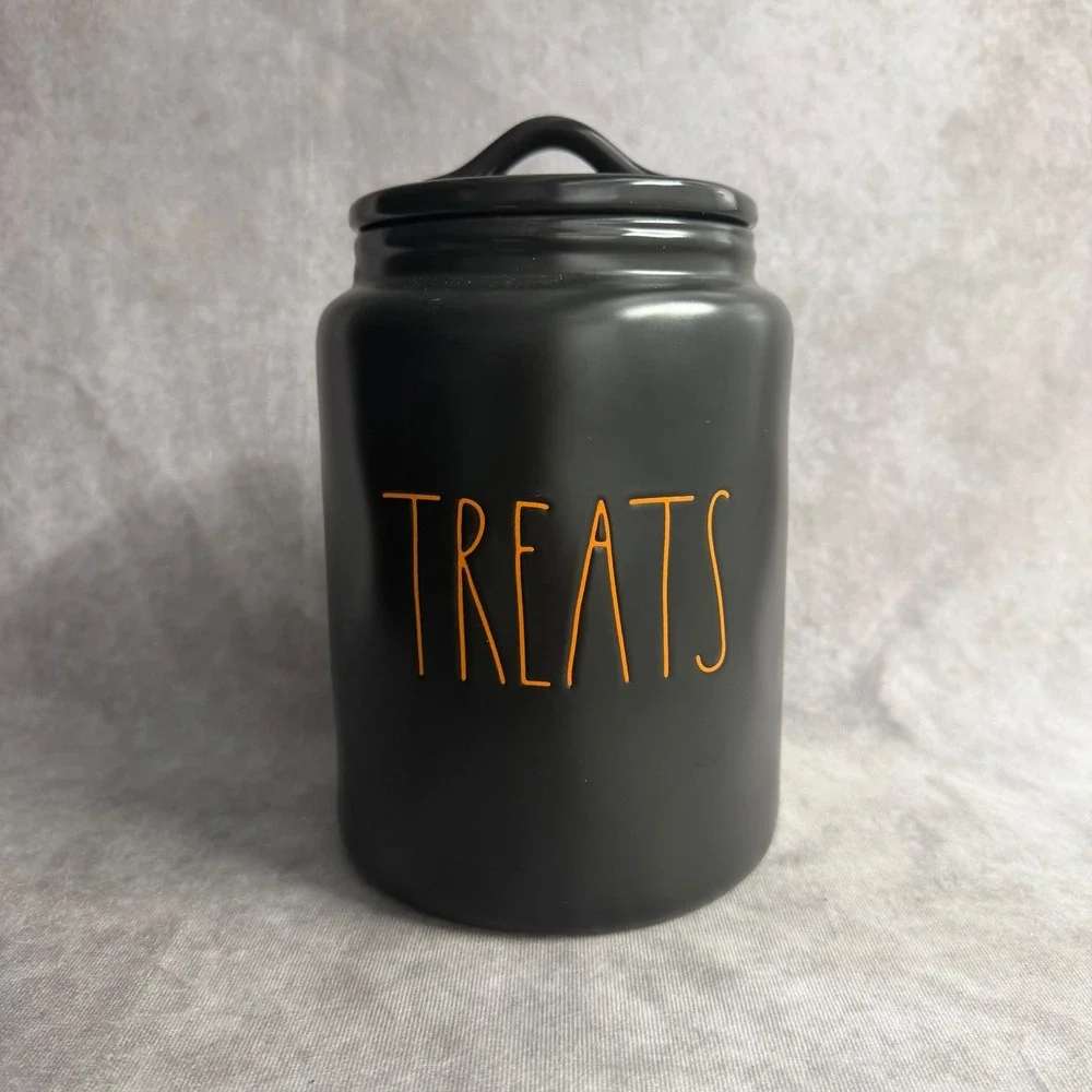 Rae Dunn Treats Canister Large Black Orange Halloween Ceramic Candy Jar Decor